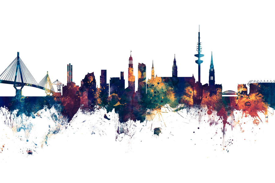 Hamburg Germany Skyline Blue & Bronze Mural Wallpaper