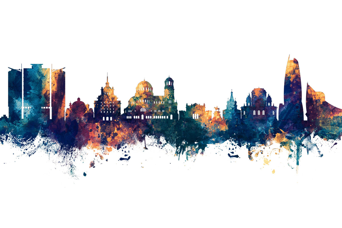 Sofia Bulgaria Skyline Blue & Bronze Mural Wallpaper - pure wallpaper artwork
