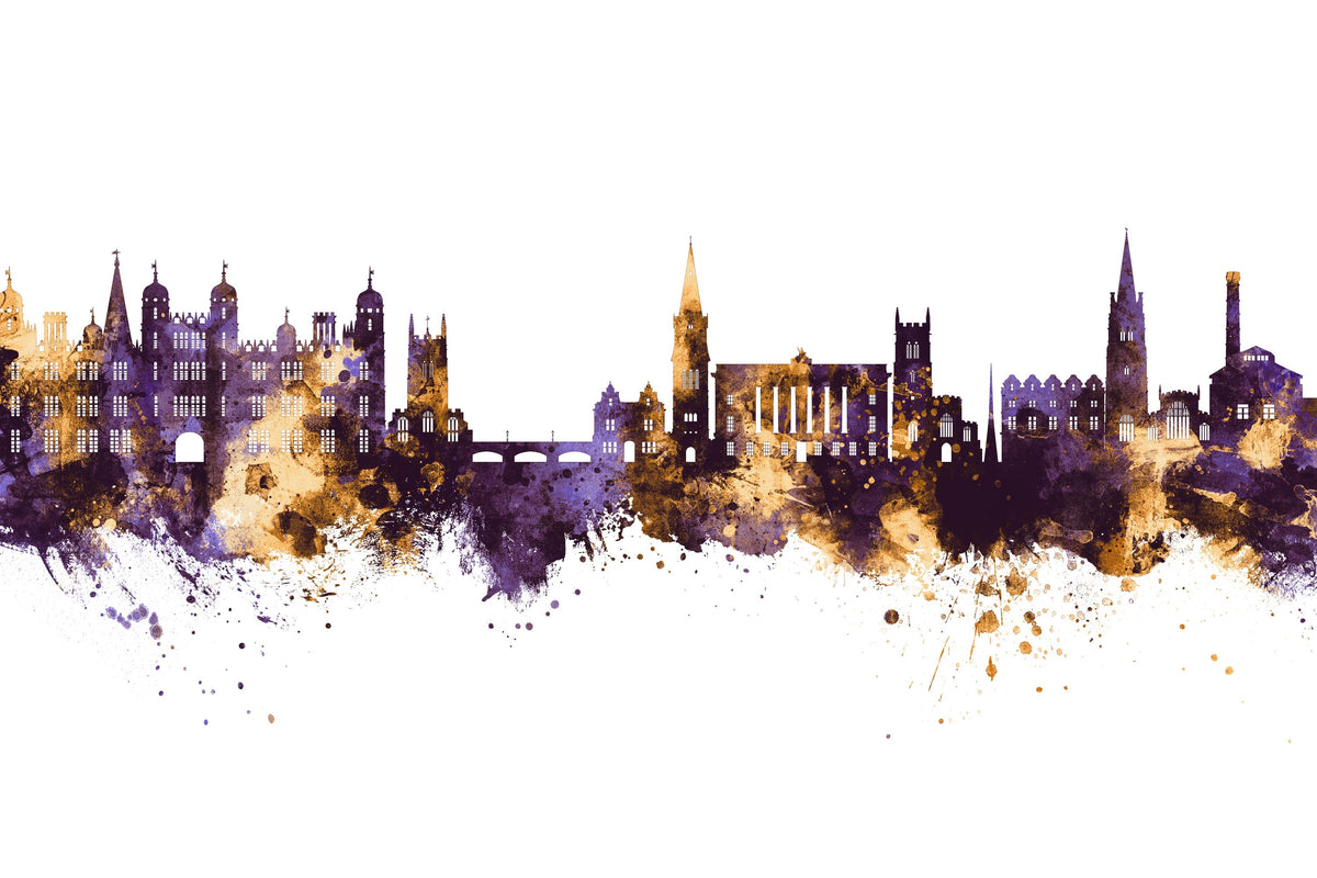 Stamford England Skyline Purple & Gold Mural Wallpaper - pure wallpaper artwork