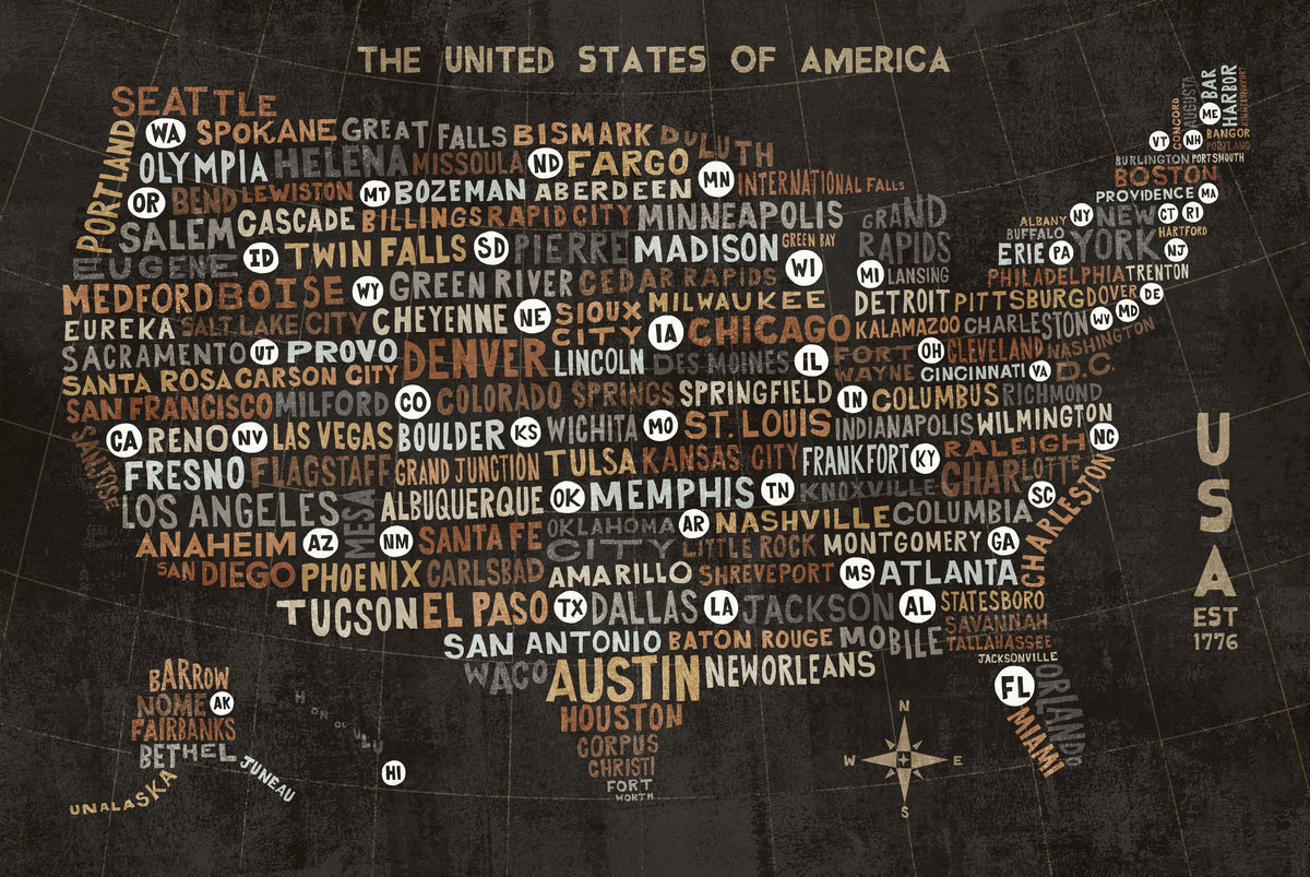 US City Map Black Mural Wallpaper - Dark Tone - pure wallpaper artwork