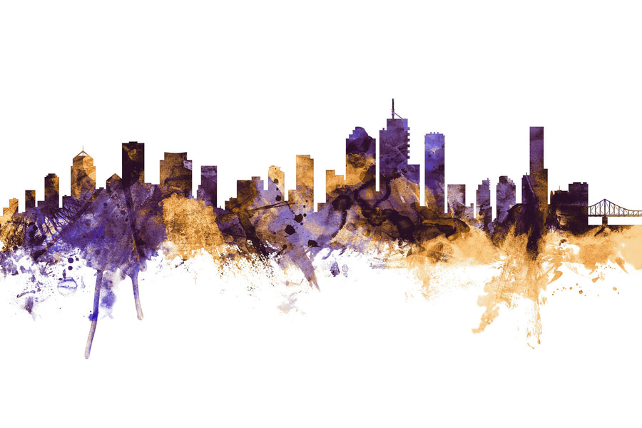 Brisbane Australia Skyline Purpl & Gold Mural Wallpaper