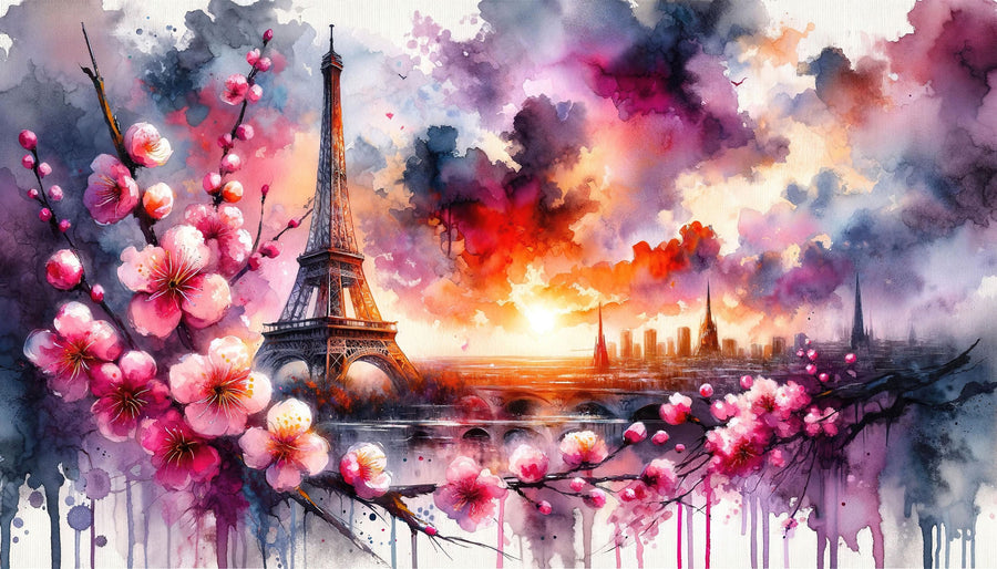 Watercolor Floral Paris Eiffel Tower Mural Wallpaper