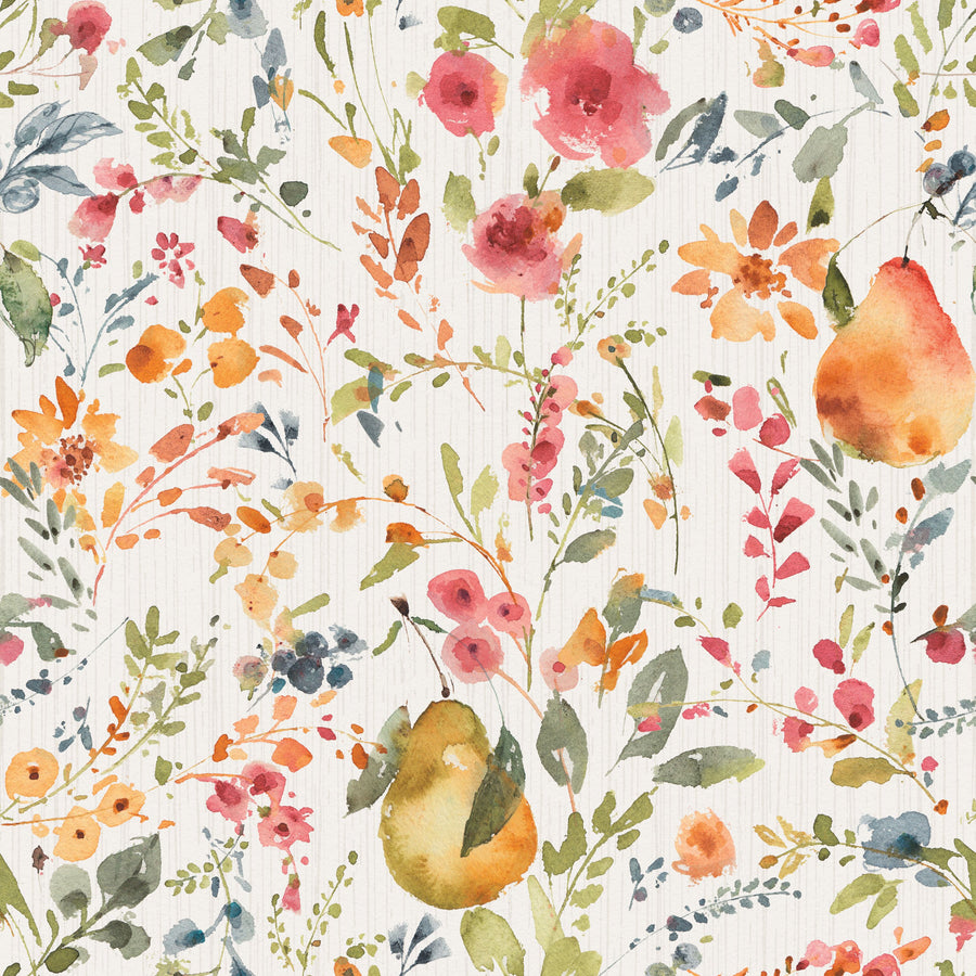 Time to Share Flowers and Pears White Mural Wallpaper