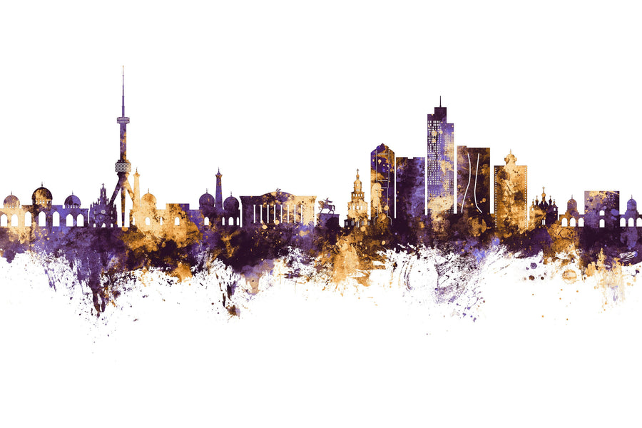 Tashkent Uzbekistan Skyline Purple & Gold Mural Wallpaper
