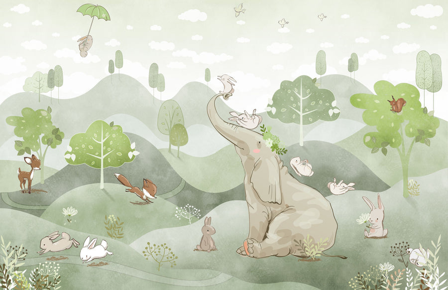 Bunny Friends, Green Mural Wallpaper