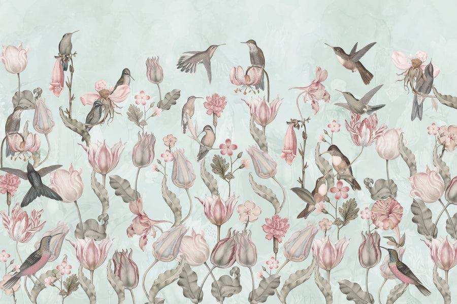 Tulips & Birds, Pistachio Mural Wallpaper