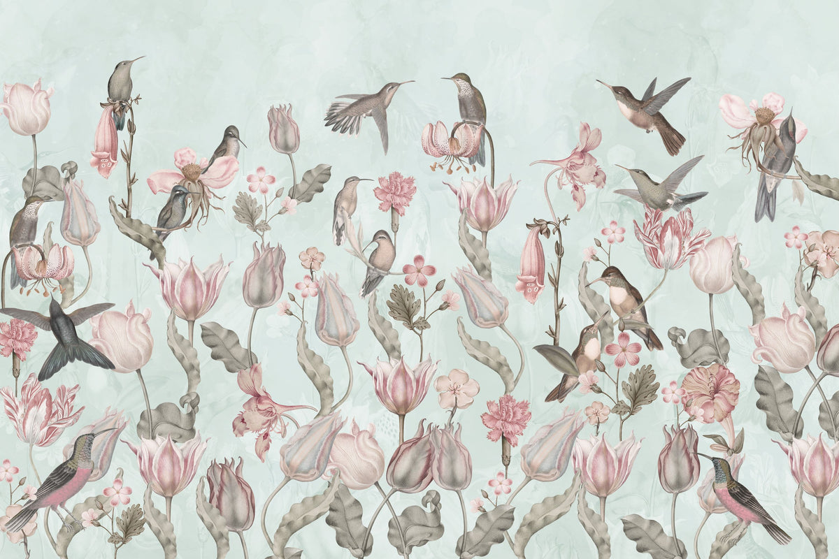Tulips & Birds, Pistachio Mural Wallpaper - pure wallpaper artwork