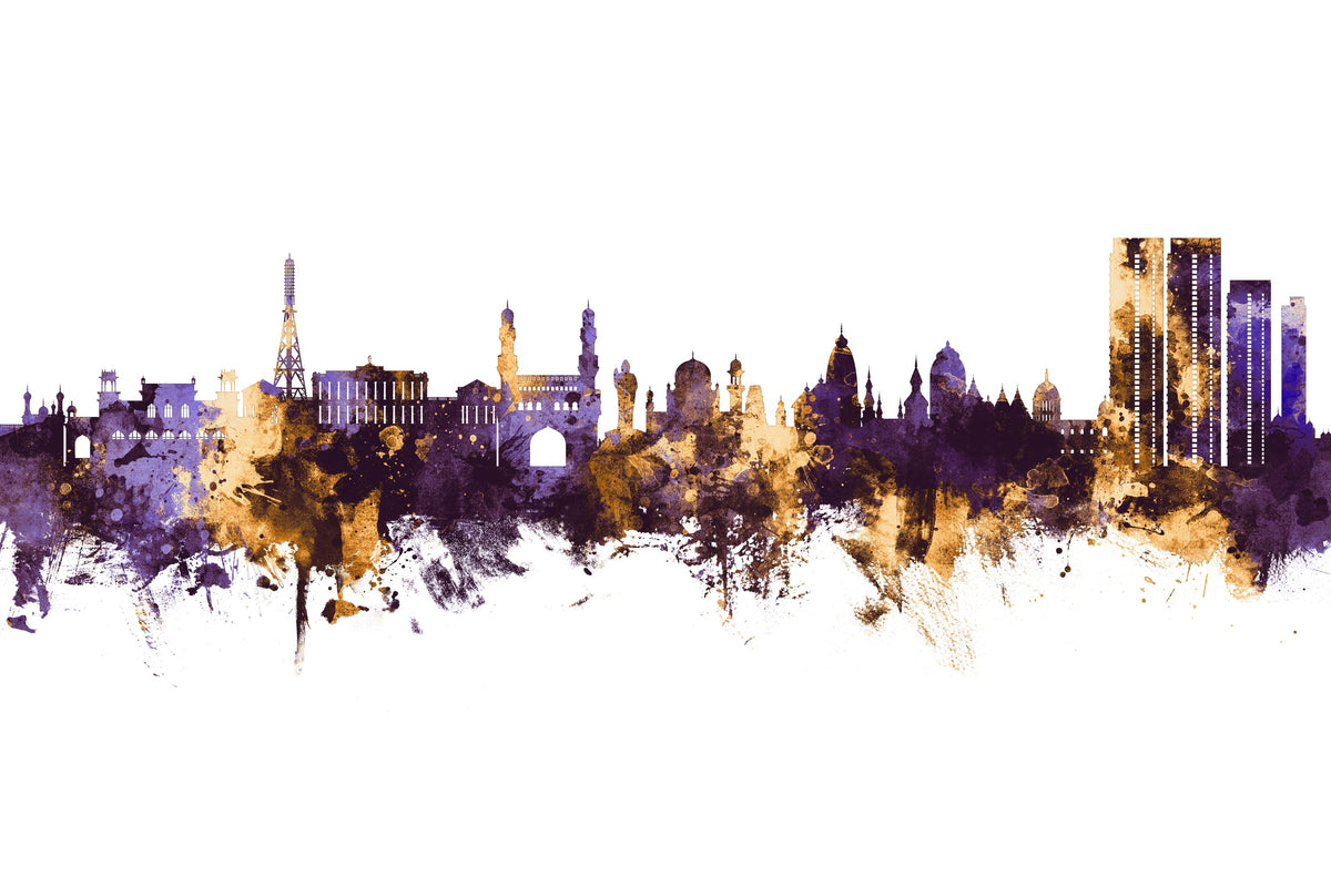Hyderabad Skyline Purple & Gold Mural Wallpaper - pure wallpaper artwork