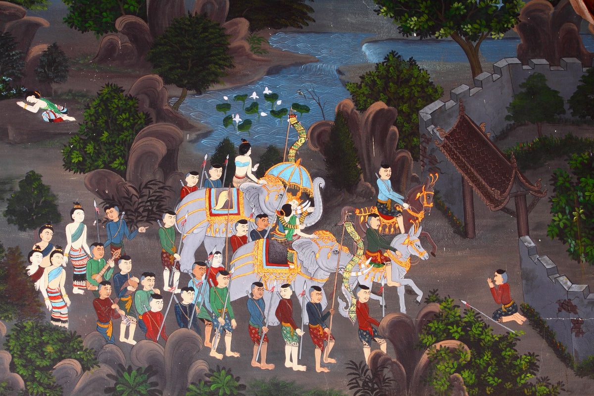 Elephant Procession to the Temple, Thai Painting Mural Wallpaper - pure wallpaper artwork