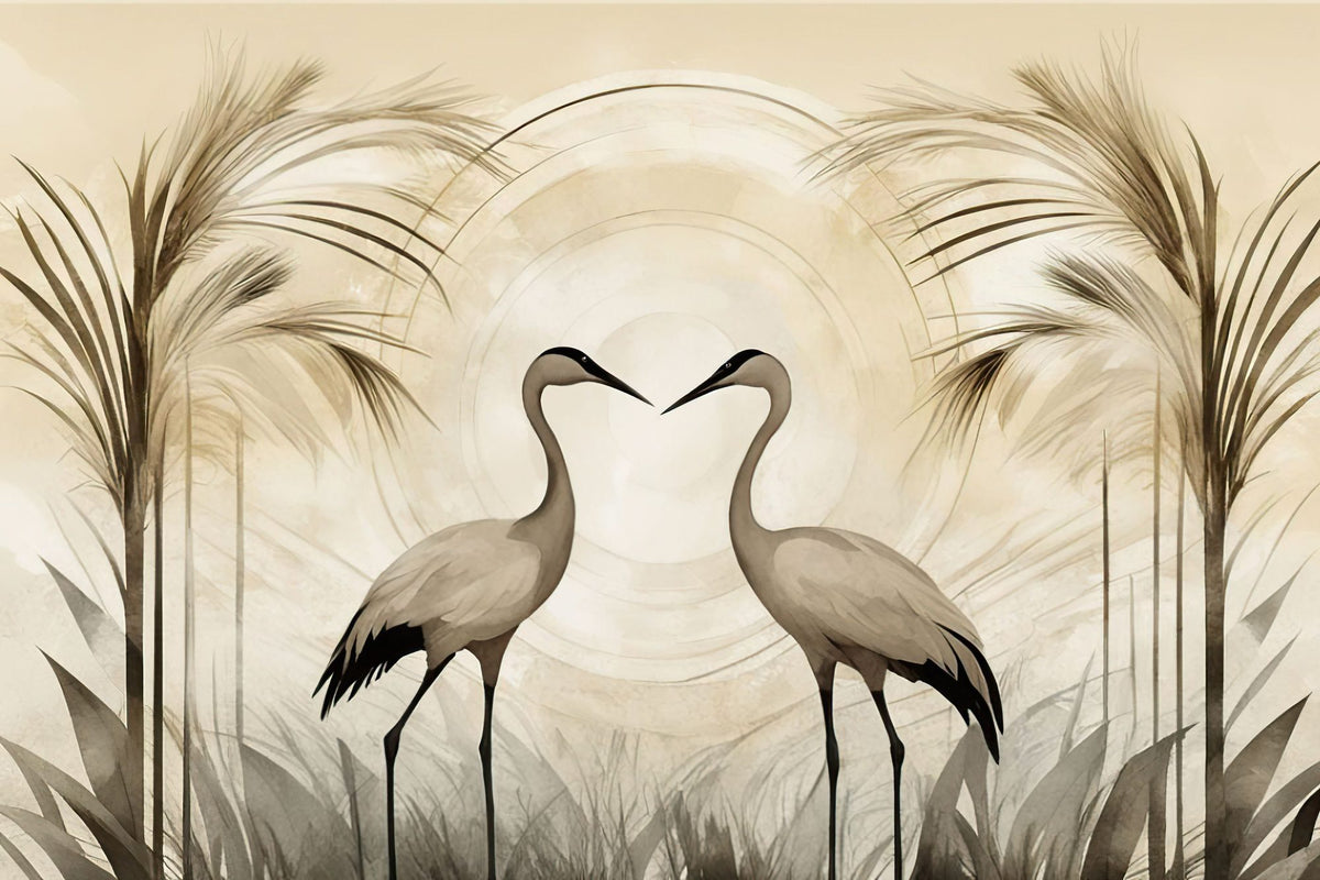 Cranes At Sunset Yellow Mural Wallpaper - pure wallpaper artwork