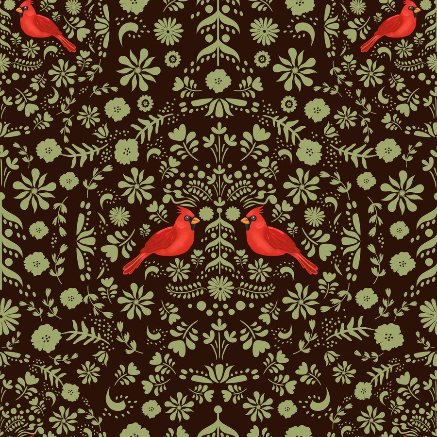 Cardinal Christmas, Green Mural Wallpaper