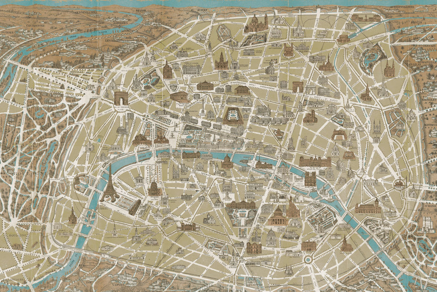Monuments of Paris Map Blue Mural Wallpaper