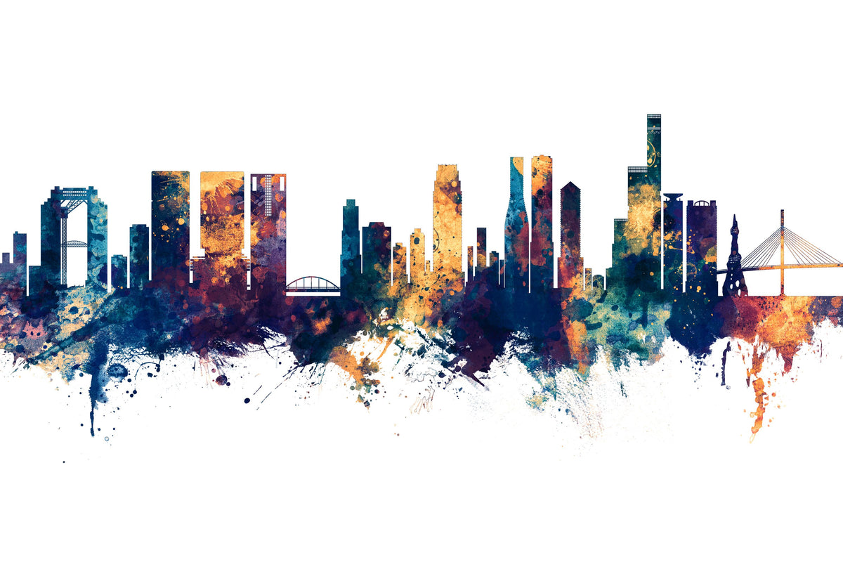 Osaka Skyline Blue & Bronze Mural Wallpaper - pure wallpaper artwork