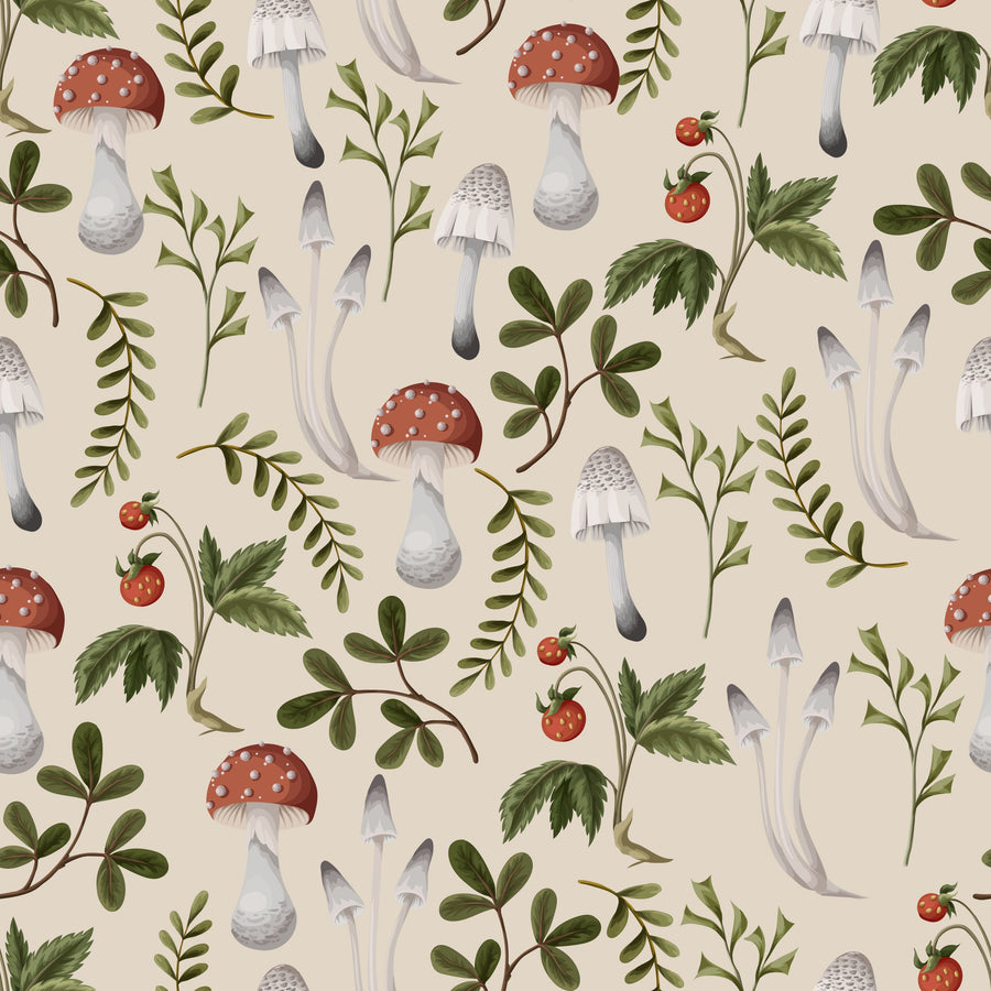 Wild Strawberries & Mushrooms Mural Wallpaper