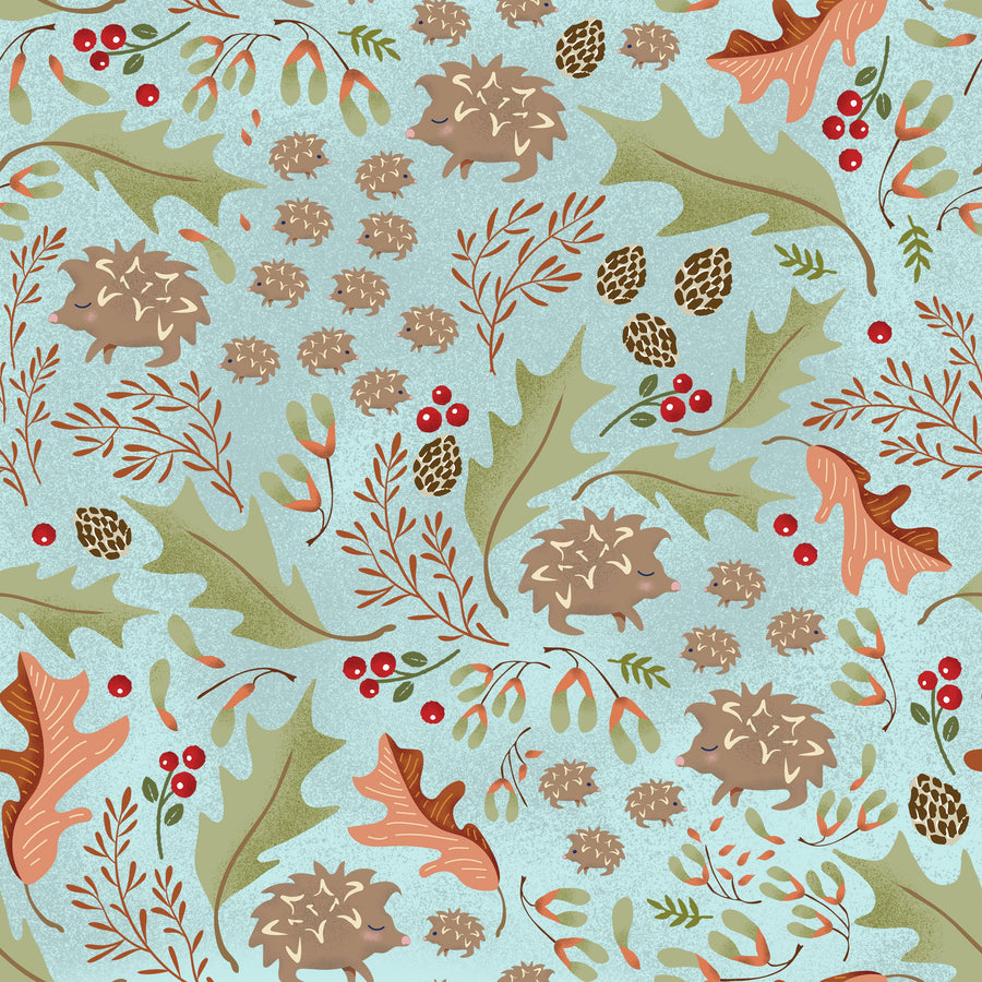 Autumn Hedgehogs, Light Blue Mural Wallpaper