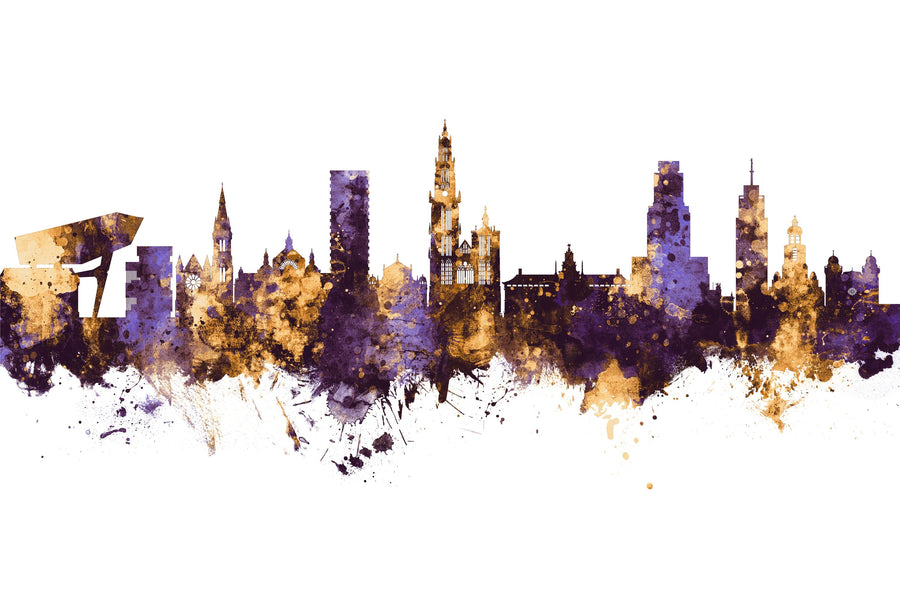 Antwerp Belgium Skyline Purple & Gold Mural Wallpaper