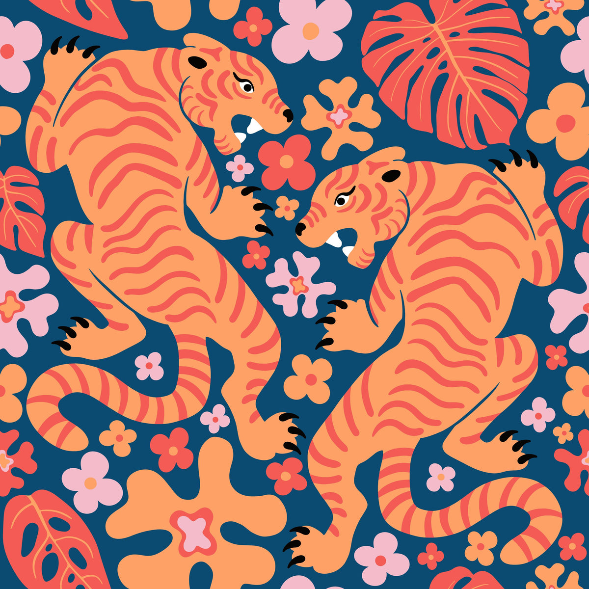 Otomi Cool Tigers, Orange & Navy Mural Wallpaper - pure wallpaper artwork