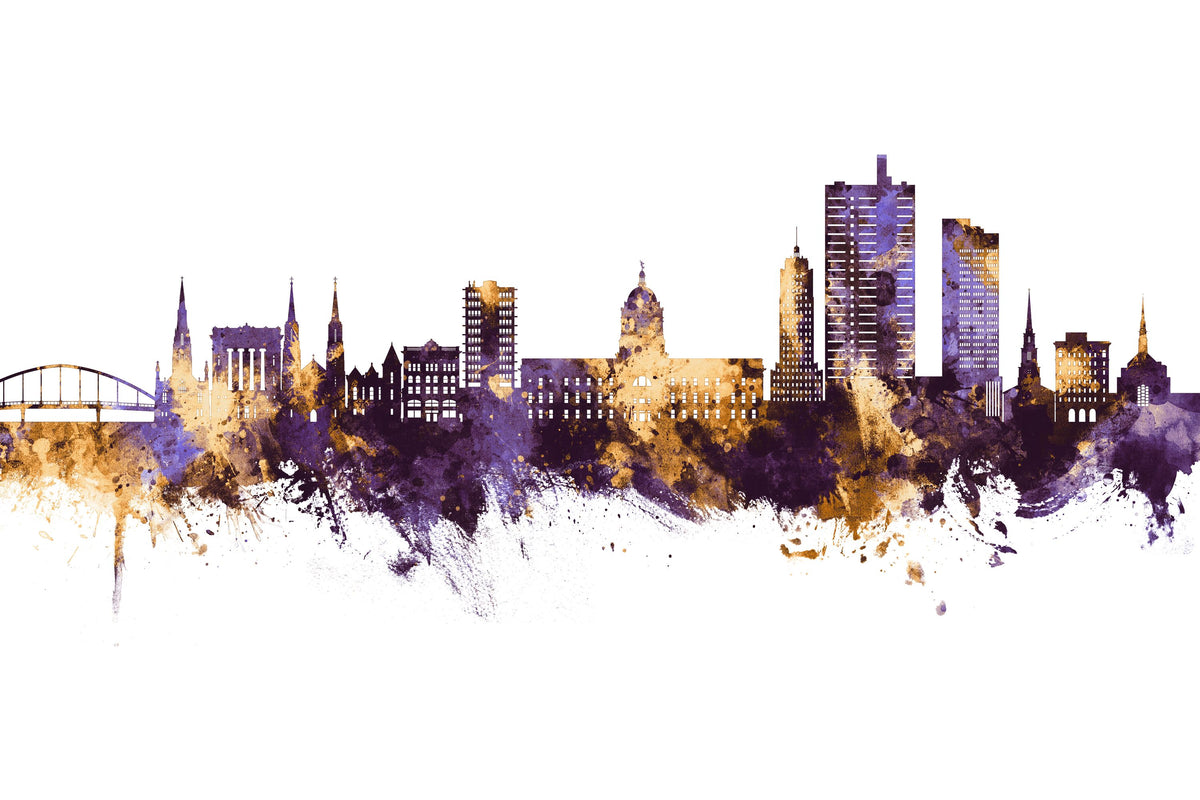 Fort Wayne Indiana Skyline Purple & Gold Mural Wallpaper - pure wallpaper artwork