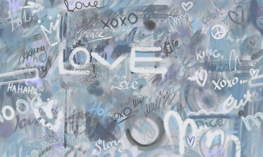 Graffiti Love, Dusty Blue Mural Wallpaper