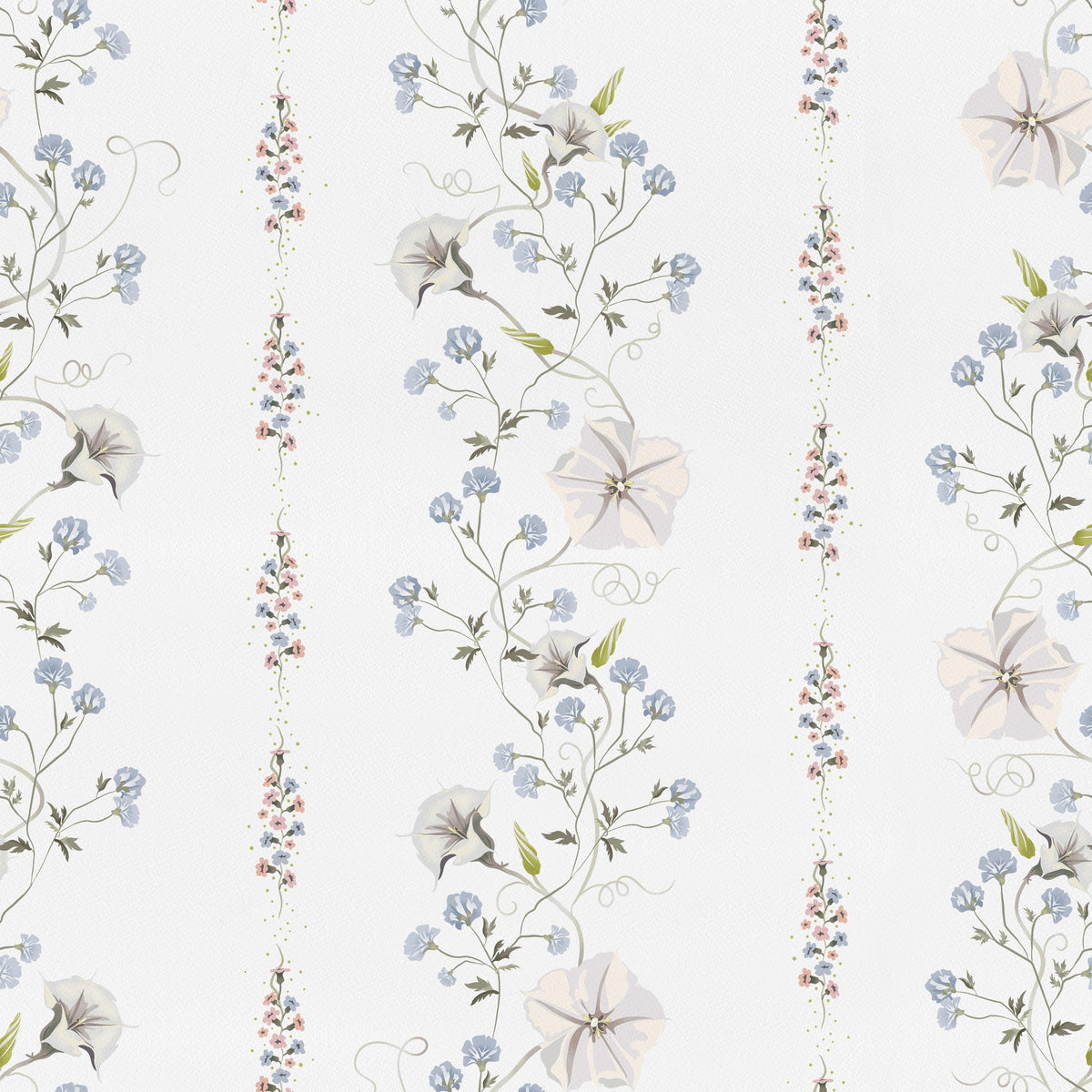 Trailing Flower Stripe, White Mural Wallpaper - pure wallpaper artwork