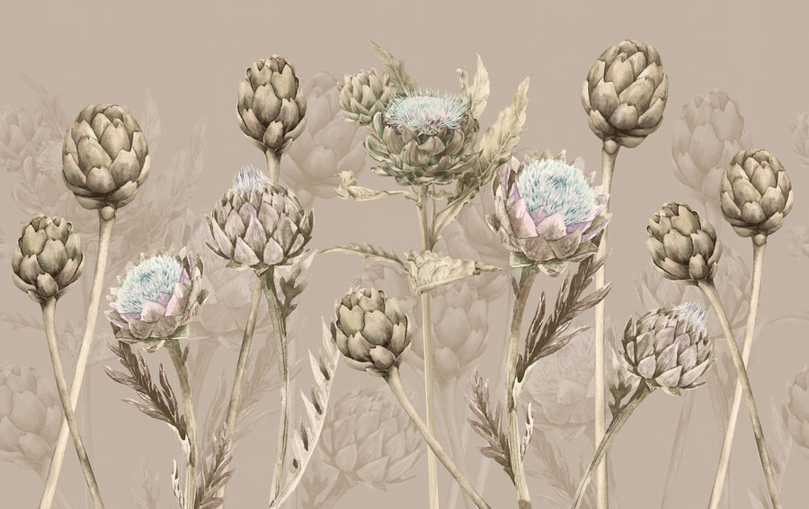 Artichoke Blooms, Mocha Mural Wallpaper
