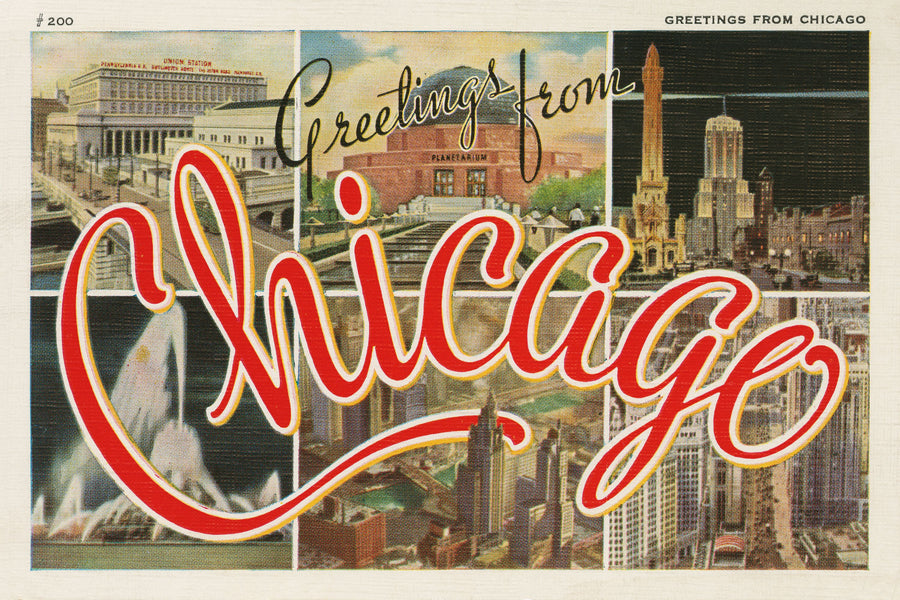 Greetings From Chicago Mural Wallpaper - Red Tone