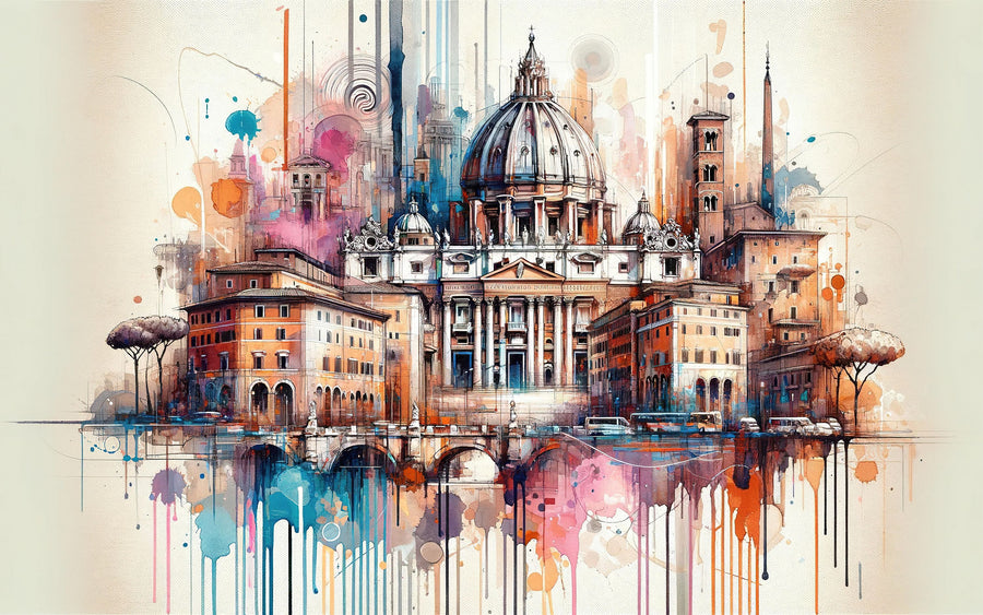 Watercolor Rome Skyline Mural Wallpaper