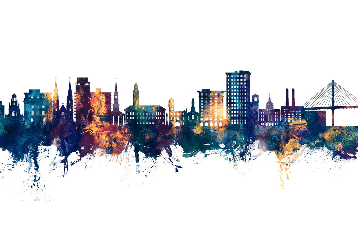 Savannah Georgia Skyline Blue & Bronze Mural Wallpaper - pure wallpaper artwork