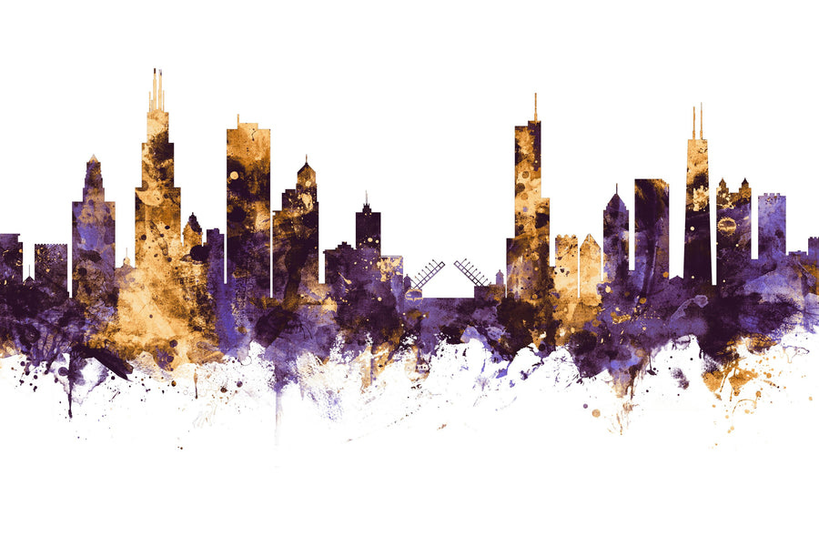 Chicago Illinois Skyline Purple & Gold Mural Wallpaper