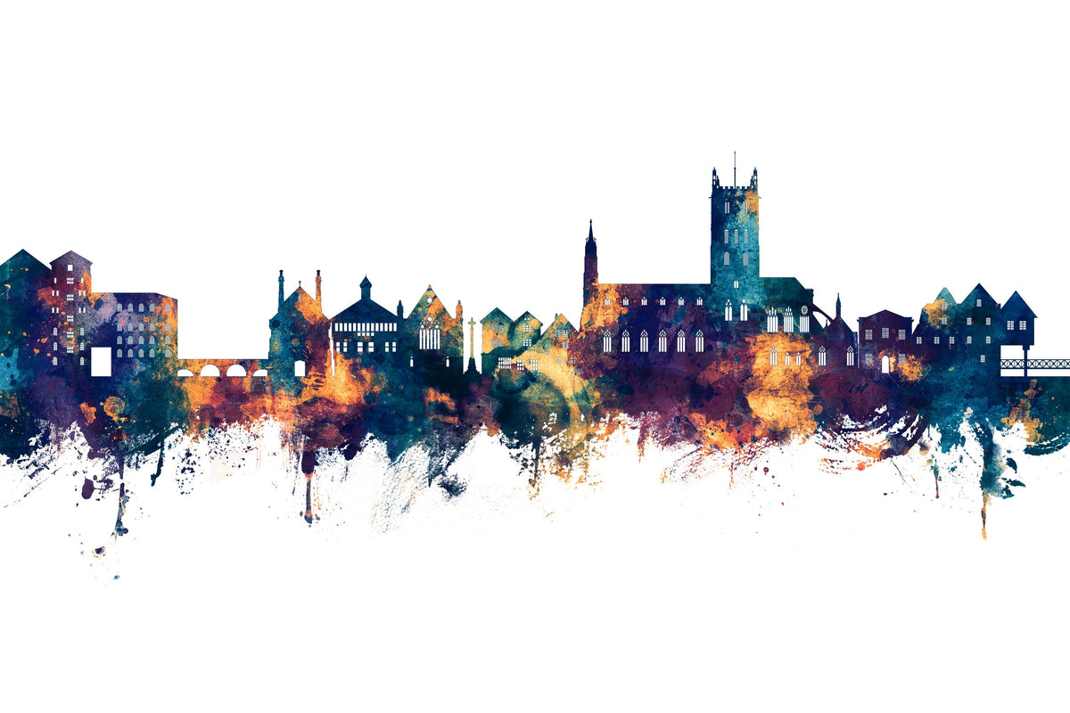 Tewkesbury England Skyline Blue & Bronze Mural Wallpaper - pure wallpaper artwork