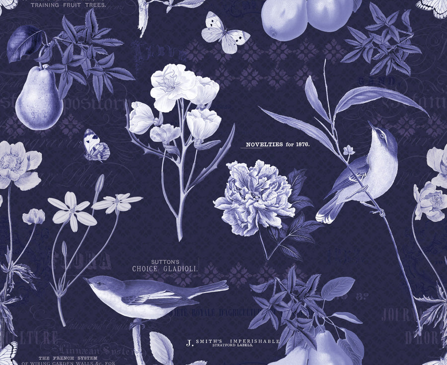 Botanical Postcard Blue Mural Wallpaper