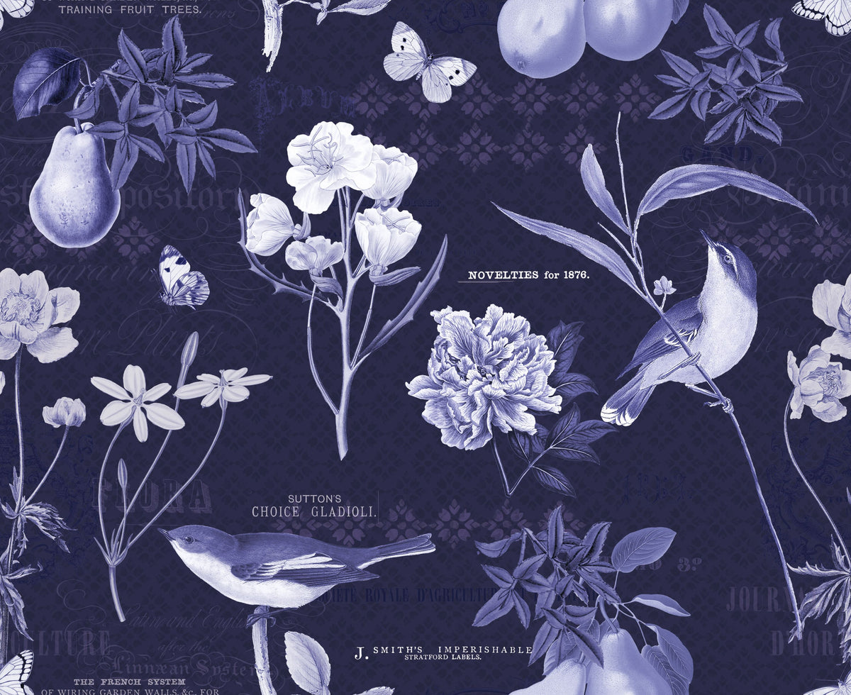 Botanical Postcard Blue Mural Wallpaper - pure wallpaper artwork
