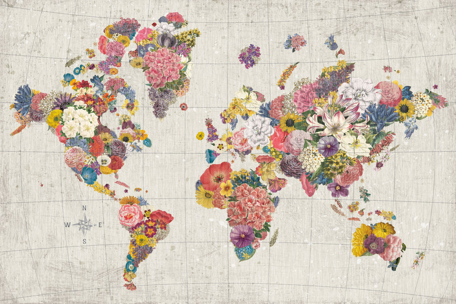 Botanical Floral Map Gray No Words Mural Wallpaper