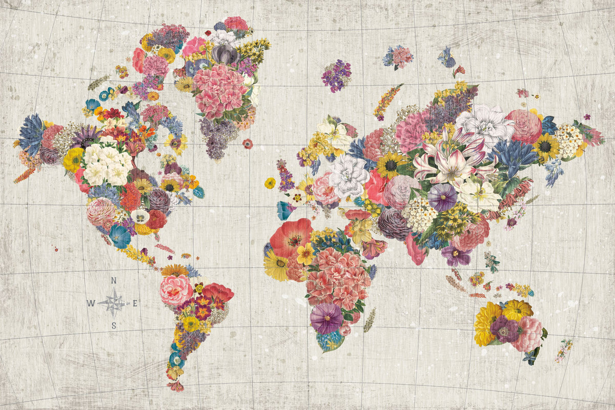 Botanical Floral Map Gray No Words Mural Wallpaper - pure wallpaper artwork