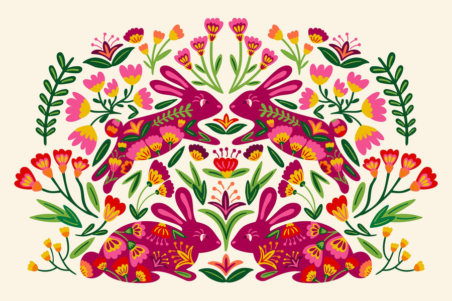 Otomi Rabbits & Flowers Mural Wallpaper