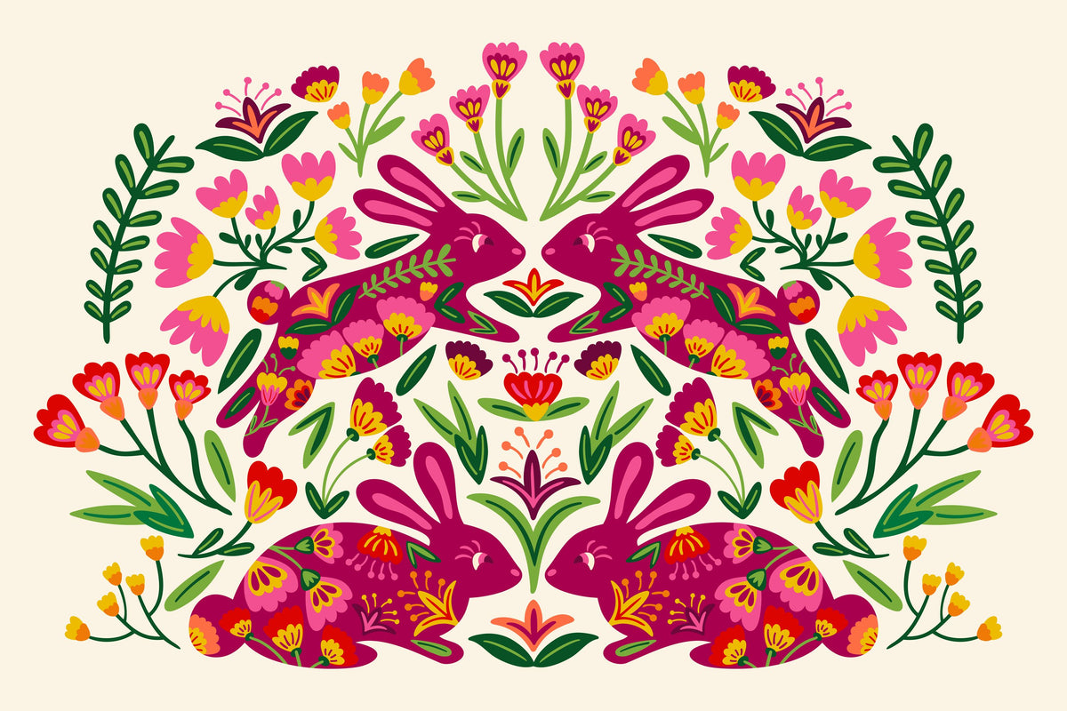 Otomi Rabbits & Flowers Mural Wallpaper - pure wallpaper artwork