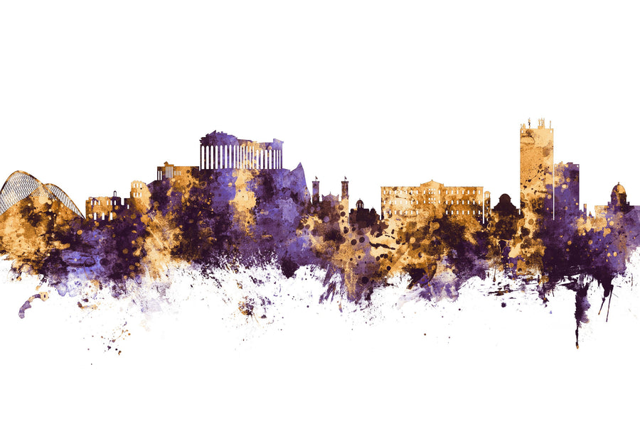 Athens Greece Skyline Purple & Gold Mural Wallpaper