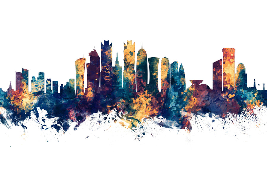 Doha Qatar Skyline Blue & Bronze Mural Wallpaper