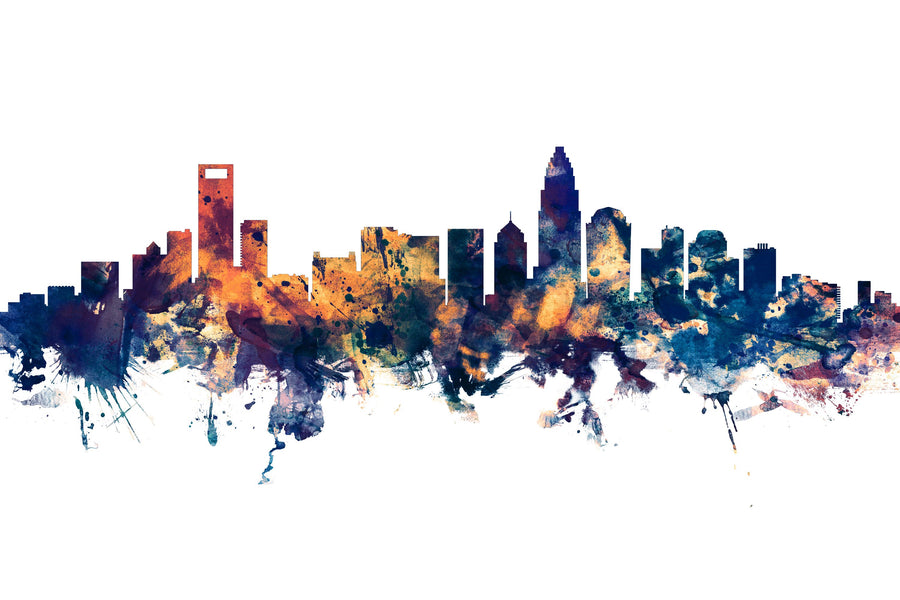 Charlotte North Carolina Skyline Blue & Bronze Mural Wallpaper