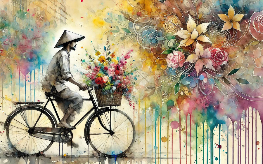 Vibrant Floral Cyclist Mural Wallpaper
