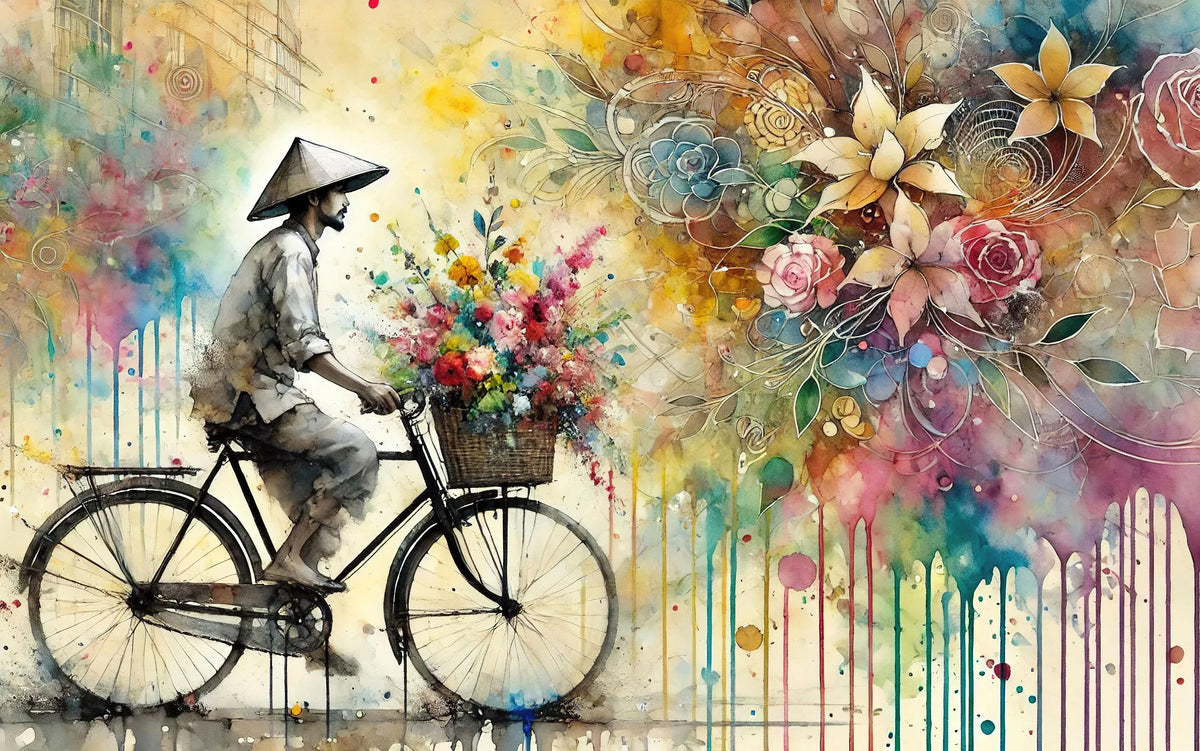 Vibrant Floral Cyclist Mural Wallpaper - pure wallpaper artwork