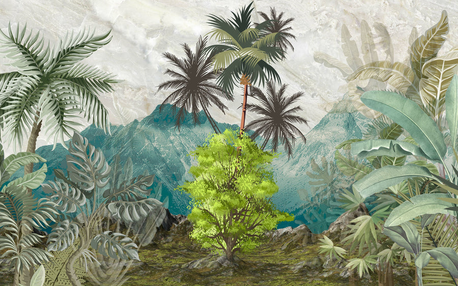 Banana Trees Sketching Mural Wallpaper - Cool Tone