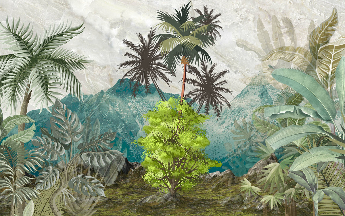 Banana Trees Sketching Mural Wallpaper - Cool Tone - pure wallpaper artwork
