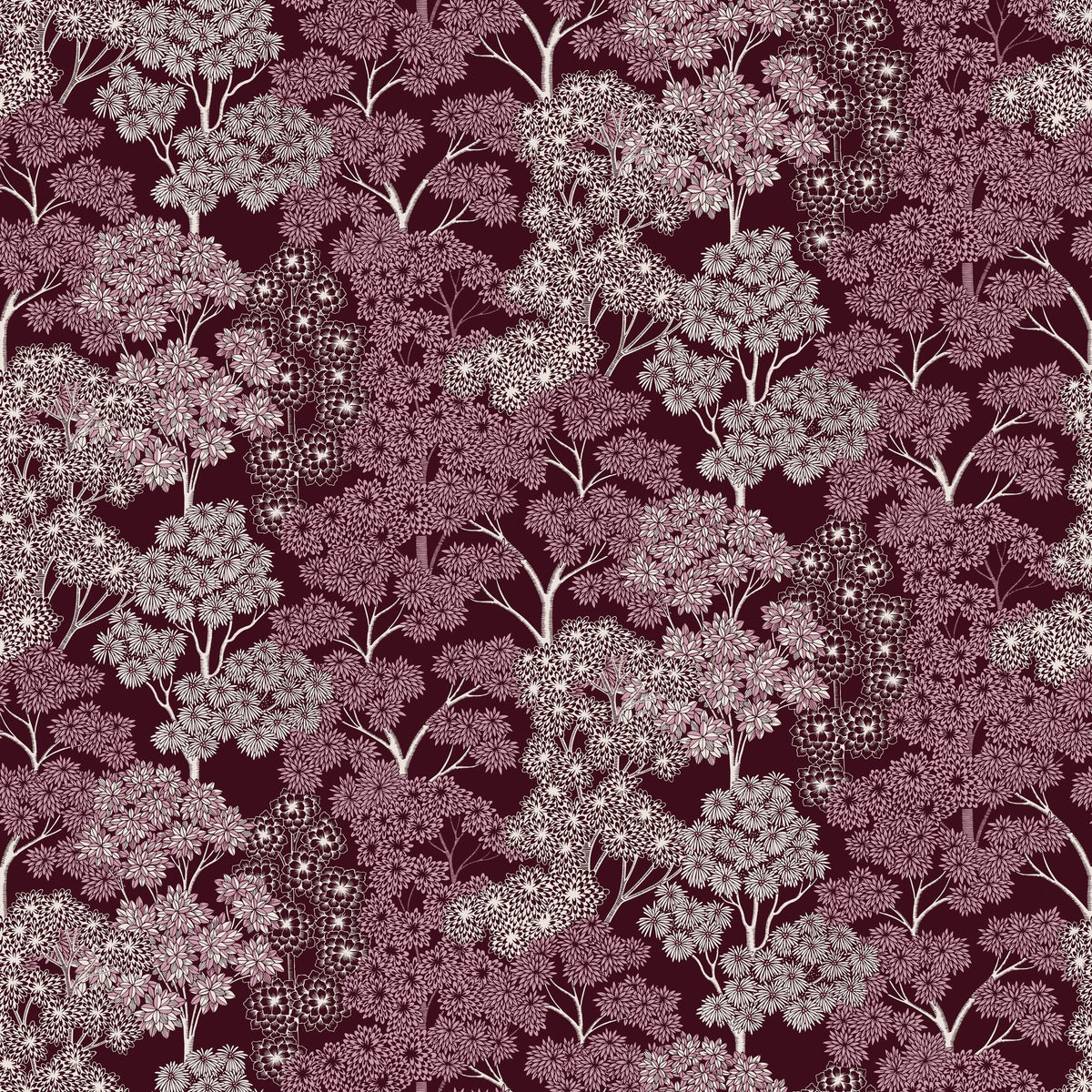 Overleaf Woodland Pattern, Burgundy Mural Wallpaper - pure wallpaper artwork
