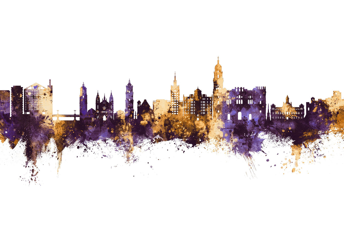 Málaga Spain Skyline Purple & Gold Mural Wallpaper - pure wallpaper artwork