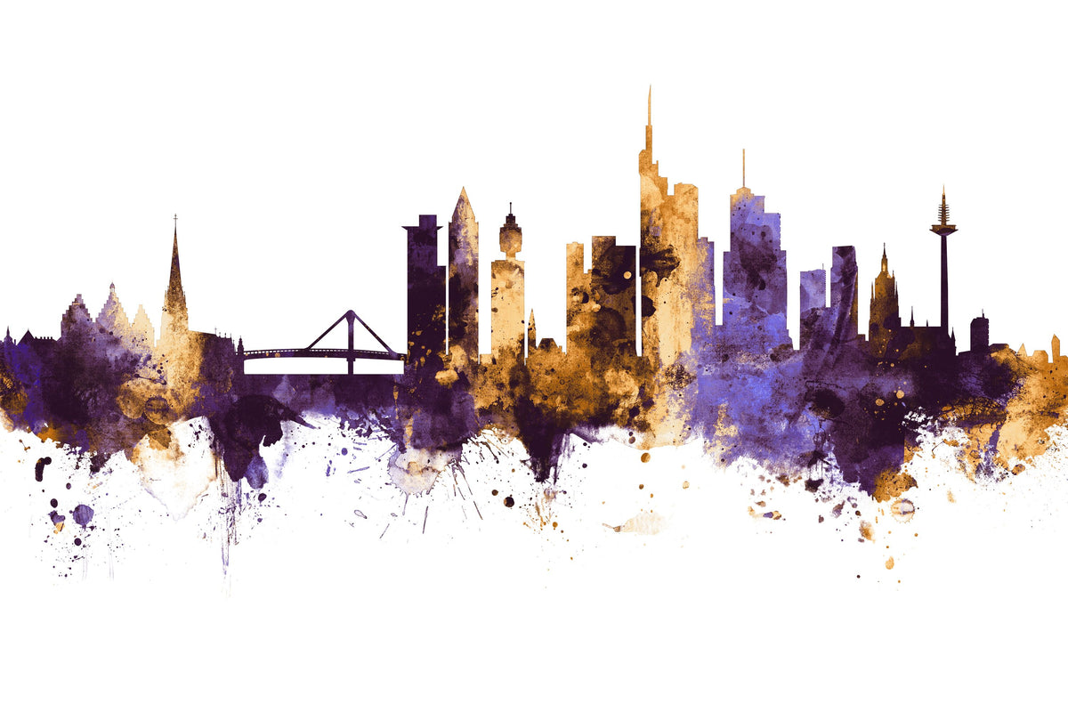 Frankfurt Skyline Purple & Gold Mural Wallpaper - pure wallpaper artwork