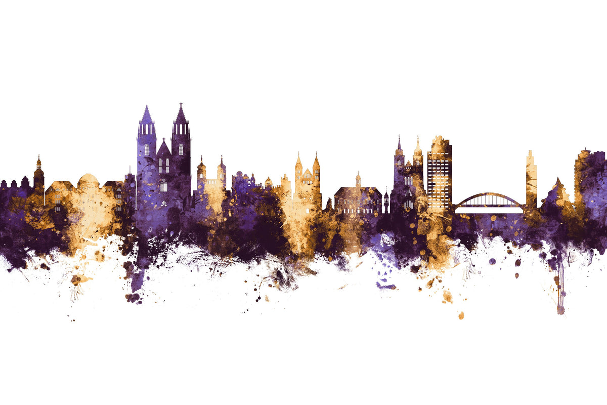 Magdeburg Germany Skyline Purple & Gold Mural Wallpaper - pure wallpaper artwork