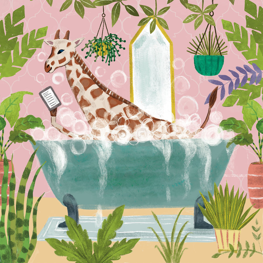 Giraffe in Tub Mural Wallpaper