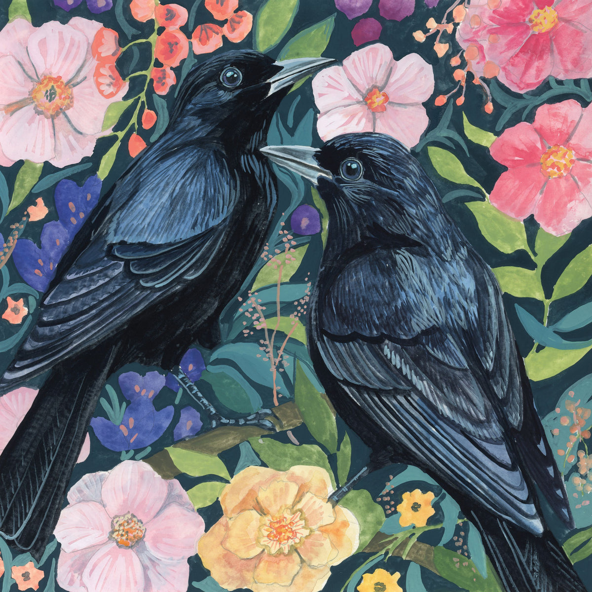Two Crows on Flowers Mural Wallpaper - pure wallpaper artwork