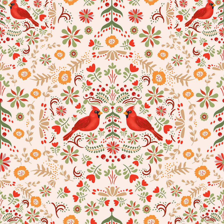 Cardinal Christmas, Cream Mural Wallpaper
